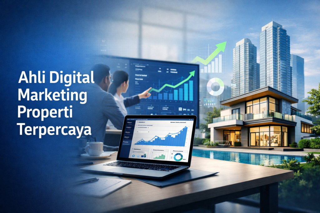Ilustrasi digital marketing properti profesional dengan strategi SEO, analisis data, dan promosi rumah modern secara online