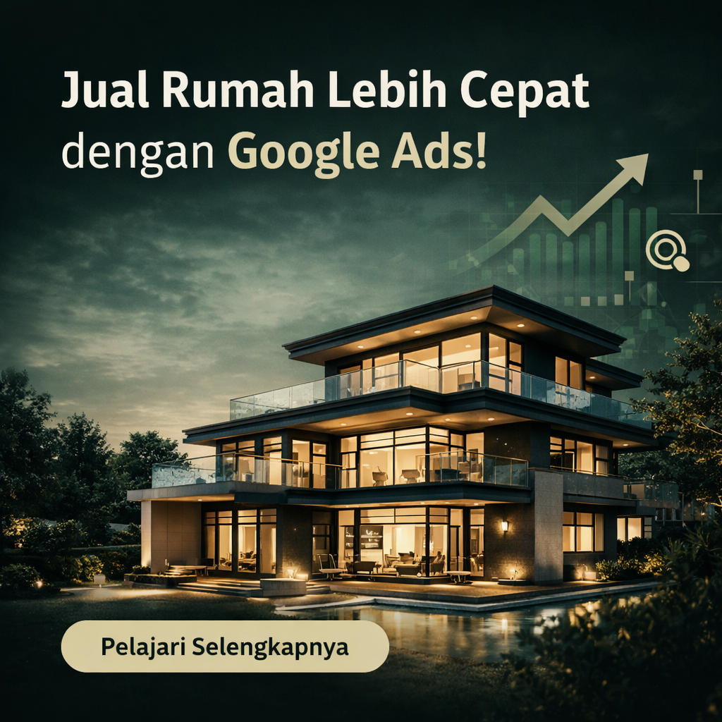 Iklan Google Ads untuk properti rumah mewah dengan visual modern dan strategi digital marketing untuk meningkatkan penjualan rumah secara cepat
