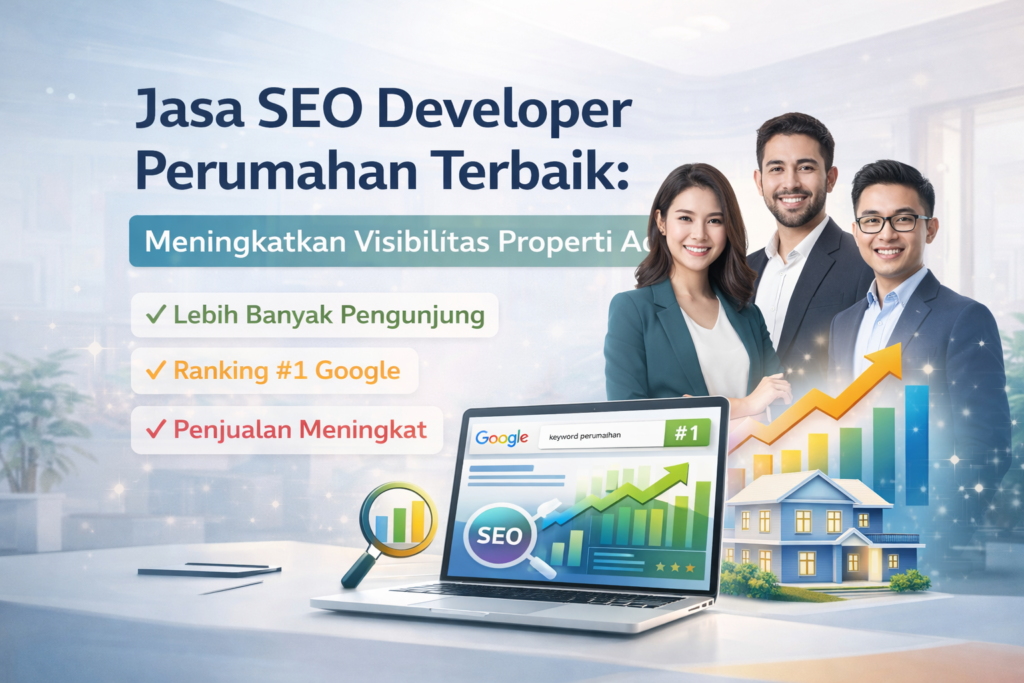 Banner jasa SEO developer perumahan terbaik dengan tim profesional, analisis SEO, grafik pertumbuhan, dan strategi digital marketing untuk meningkatkan visibilitas dan penjualan properti