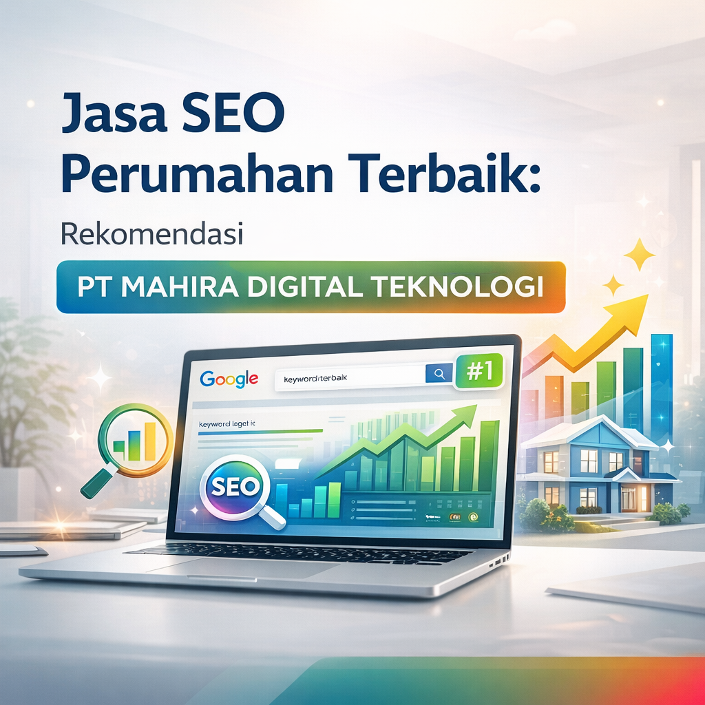 Banner promosi jasa SEO perumahan terbaik oleh PT Mahira Digital Teknologi dengan visual laptop analisis SEO, grafik pertumbuhan, dan rumah modern untuk meningkatkan ranking dan penjualan properti