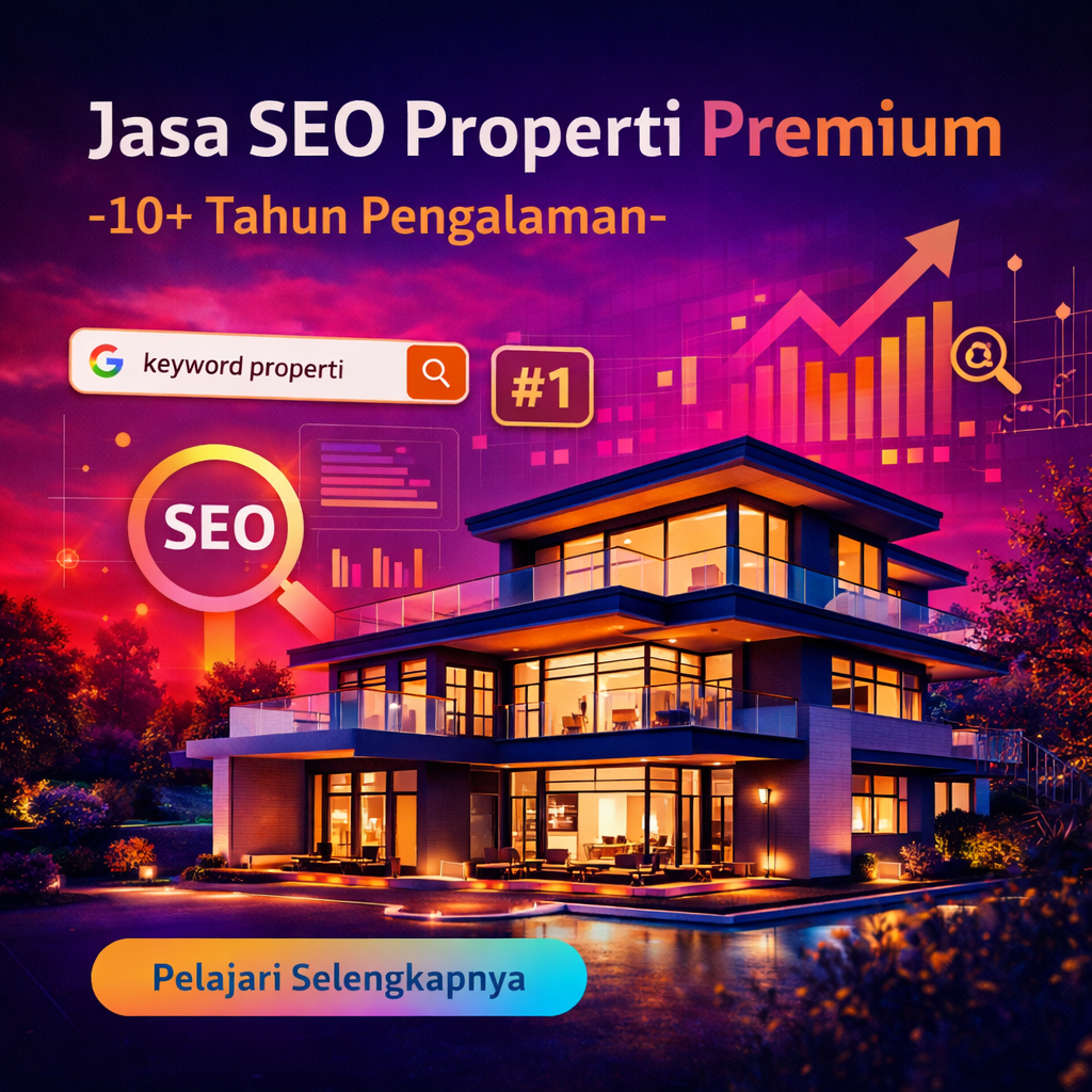 Iklan jasa SEO properti premium dengan visual rumah mewah, grafik pertumbuhan, dan strategi digital marketing untuk meningkatkan ranking dan penjualan properti