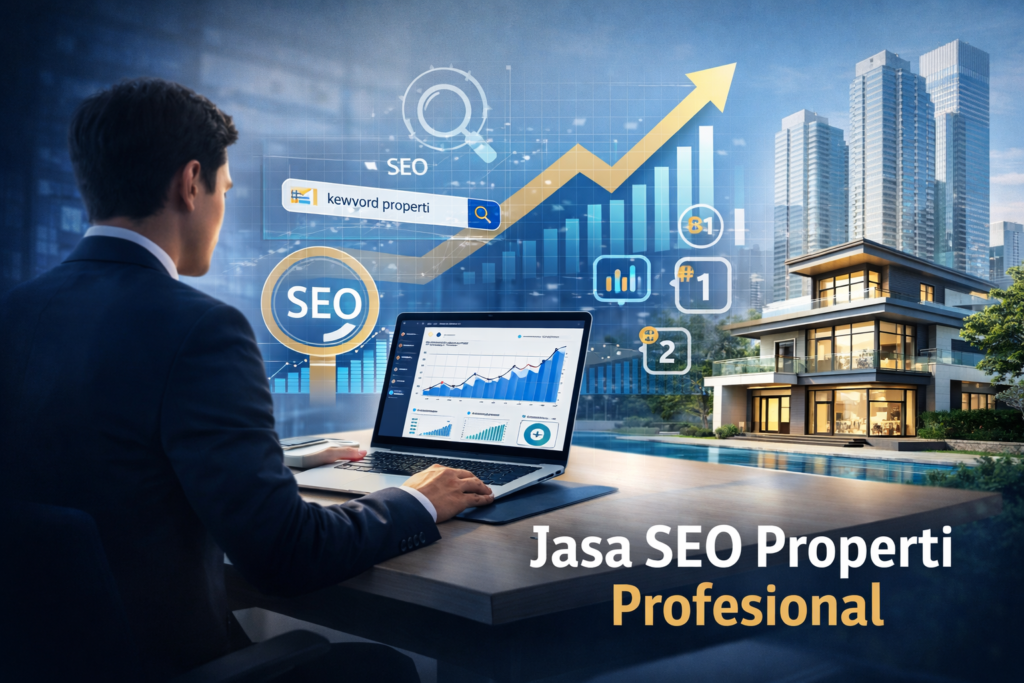  Ilustrasi jasa SEO properti profesional dengan analisis data, grafik pertumbuhan, dan strategi digital marketing untuk meningkatkan penjualan real estate