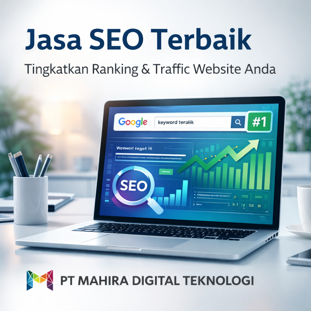 Ilustrasi jasa SEO terbaik PT Mahira Digital Teknologi dengan dashboard analisis SEO, grafik pertumbuhan, dan peningkatan ranking Google untuk website bisnis