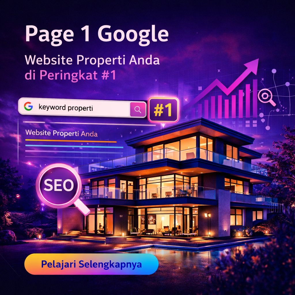 Ilustrasi SEO properti dengan website real estate ranking halaman 1 Google, grafik pertumbuhan traffic, dan strategi digital marketing modern