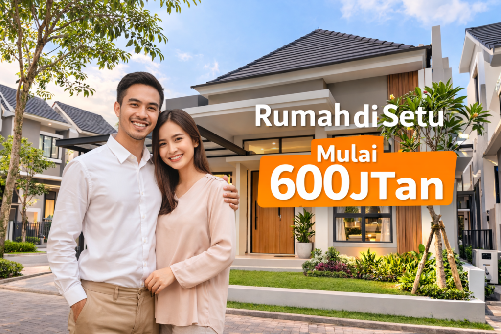 Pasangan muda di depan rumah di Setu Bekasi dengan promo rumah mulai 600 jutaan di kawasan perumahan modern