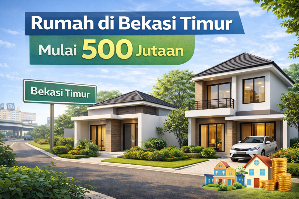 Rumah minimalis modern dijual di Bekasi Timur harga sekitar 500 jutaan dengan carport dan taman kecil di lingkungan perumahan yang rapi.